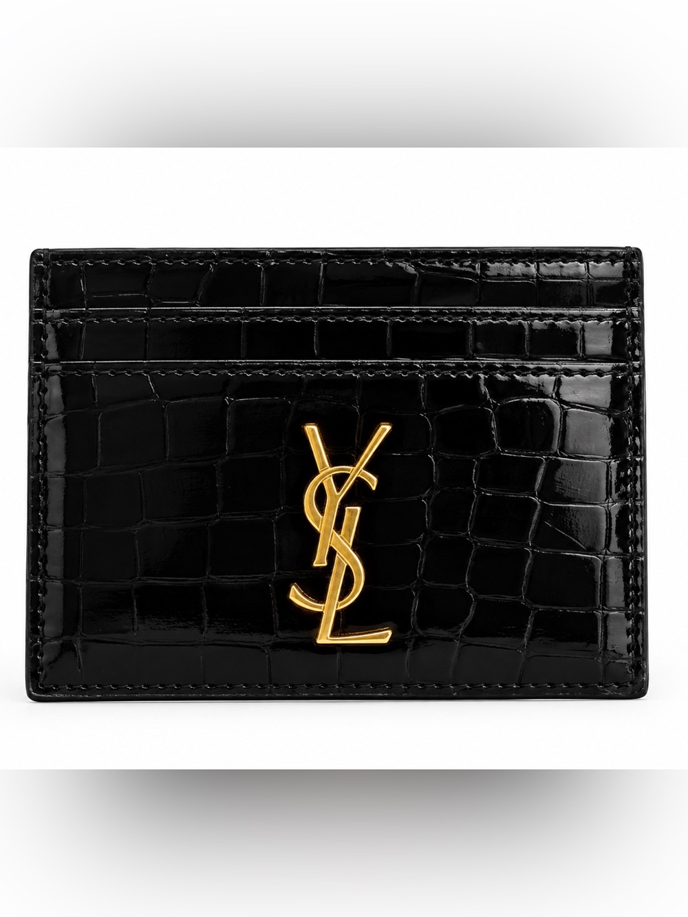 Saint Laurent Black Croc-Embossed Card Holder with Gold YSL Monogram